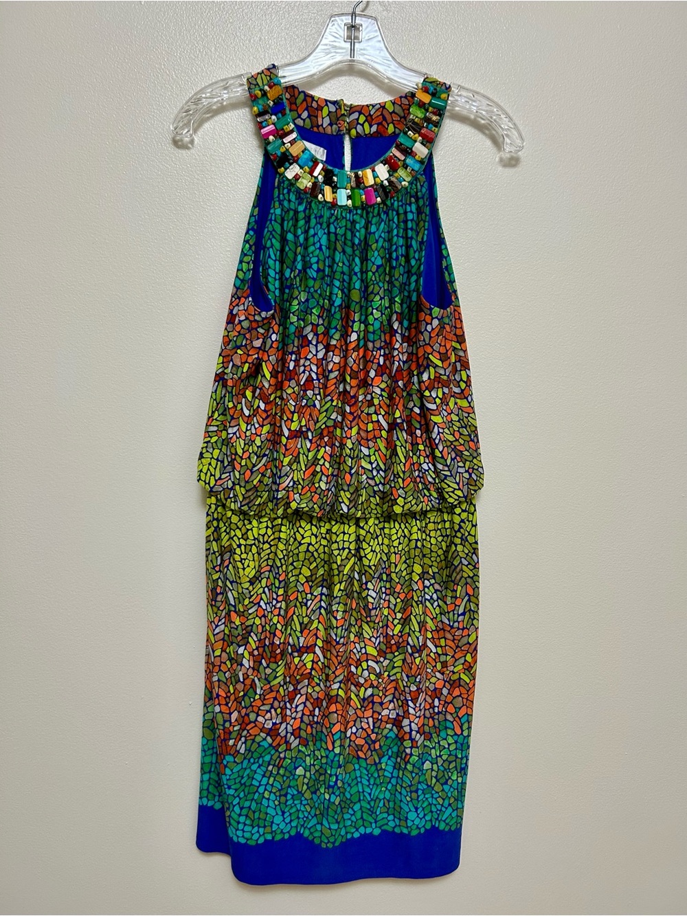 London Times Vibrant Mosaic Print Halter Dress with Beaded Neckline (size 10)